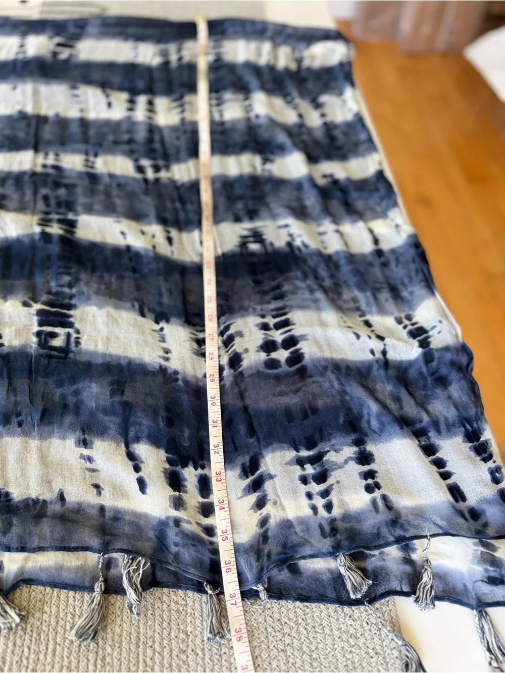 Vintage Navy and White Woven Tie-Dye Scarf Wrap with Tassels
